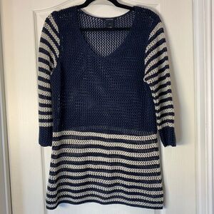 Alison Sheri Navy & Cream Crochet-Style Knit Tunic Nautical Sweater – Large